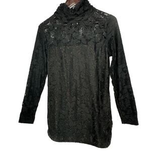 Panitti Black Lace Top Med Cowlneck Sheer Floral Gold Underlay Sexy Whimisgoth